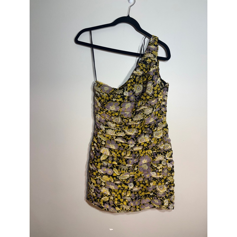 Zara Womens One Shoulder‎ Ruched Floral Mini Dress Yellow Purple XS 8055/522/800